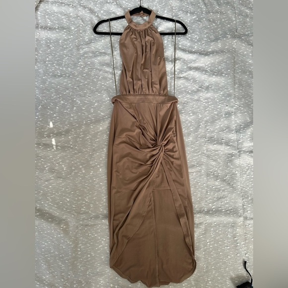 Miss Avenue Taupe Ruched Halter Dress Size Small Y2K Goddesscore Sexy Draped - Picture 11 of 11